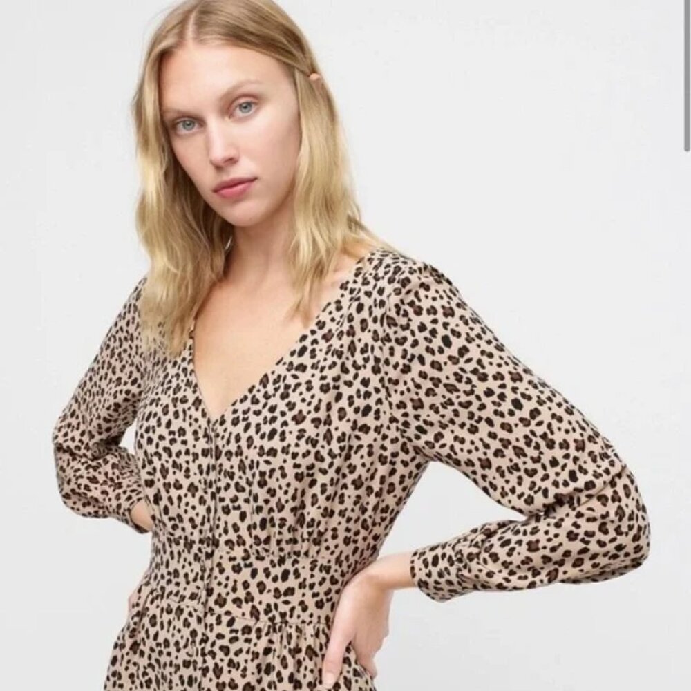 J.Crew Leopard Print A-Line Midi Dress Camel Long Sleeve Size 0 - Picture 3 of 9